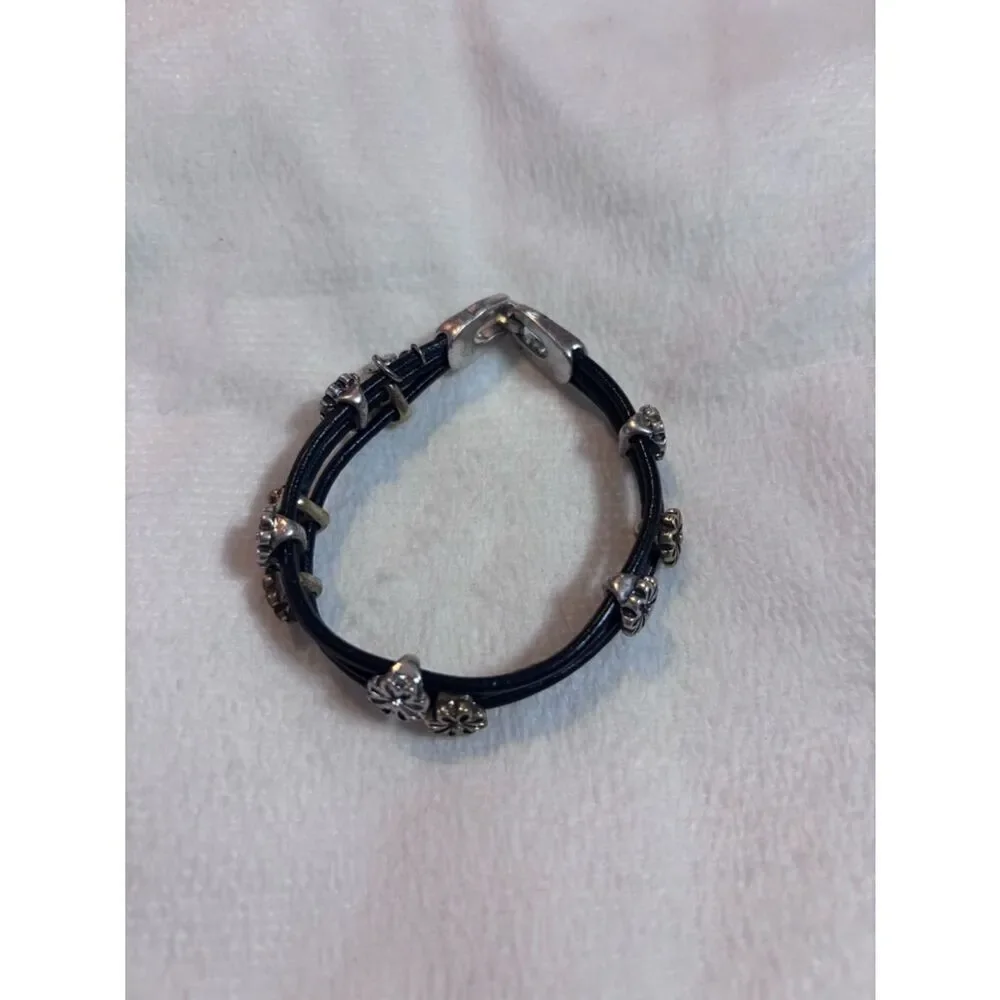 Anthropologie Brown Leather Multi-Row Bracelet with Gold & Silver Daisy Accents